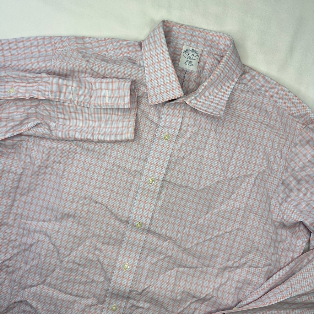 Brooks Brothers Shirt Men's 17-36 Blue Peach Plaid Slim Fit Button Down L/S